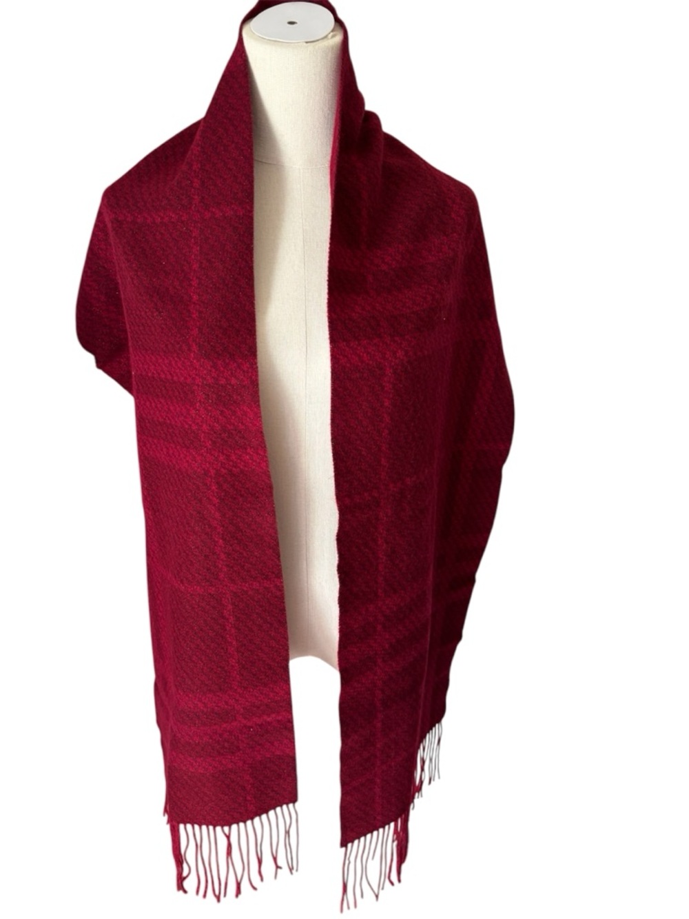 Burberry Burgundy silk wool Plaid Fringe Scarf